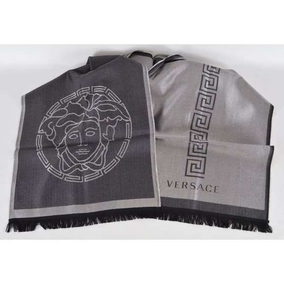 NEW Versace $495 Metallic Grey and Black Wool Silk Greca Print Scarf